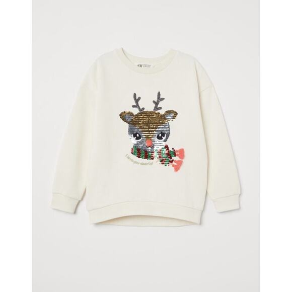 H&M Other - H&M Ivory Flip Sequin Reindeer Tassel Pullover Fleece Sweatshirt Size 8-10Y